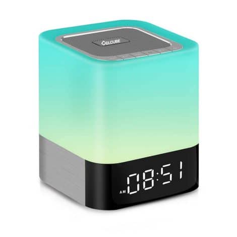 Color-changing Bluetooth Speaker with Alarm Clock, Touch Sensor, MP3 Player, Dimmable Night Light for Bedside.