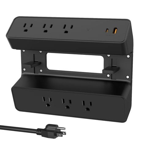 Desk-mounted power strip with surge protection, overload protection, removable outlet socket, 6 AC outlets, 1 USB-A, 1 PD 20W USB-C.