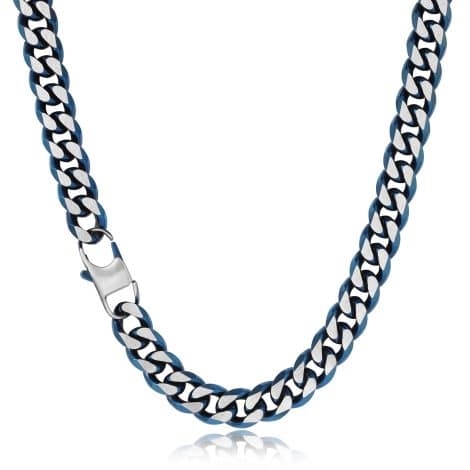 BAMIKI Men’s Cuban Link Necklace, 10MM Diamond-Cut Stainless Steel Chain, Blue-Silver Two Tone, 24″ Length.