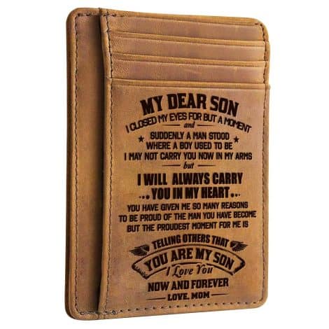 Christmas Gifts For Son – Engraved Leather Wallet: Meaningful, sleek present for your son’s graduation, birthday; perfect front pocket wallet.