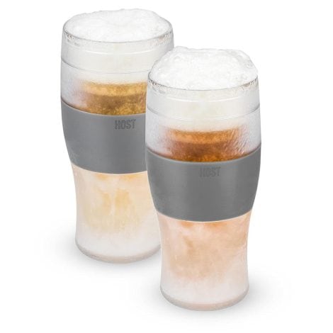 Freeze beer glasses, frozen mugs, pint glass set that keeps drinks cold, double walled insulated glasses, 16oz, set of 2, in gray.