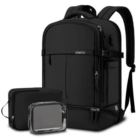 ZOMFELT Travel Backpack; Approved for Airlines, with Shoe Compartment, Laptop Pocket, USB Port; Waterproof, Versatile for College; Black.