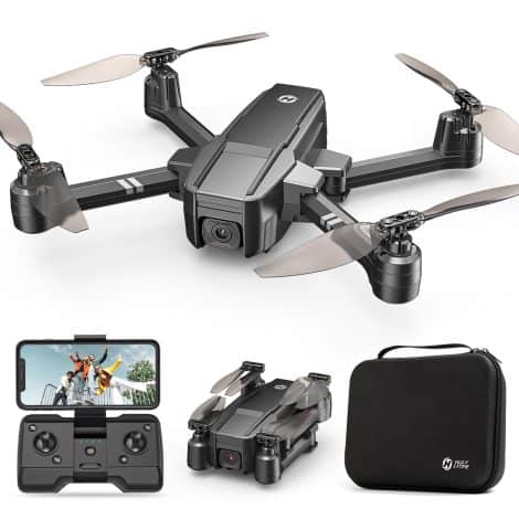 The Holy Stone HS440 foldable drone with a 1080P WiFi camera, perfect for beginners and kids. It has voice and gesture control, a long flight time, auto hover, and comes with a carrying case.