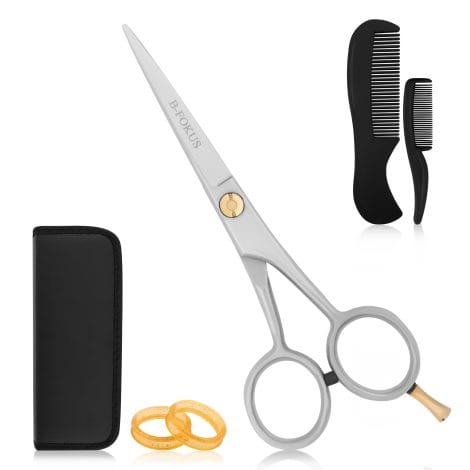 All-in-one grooming set: 5″ German Steel Scissors for Beard and Mustache care, with stylish case and comb.