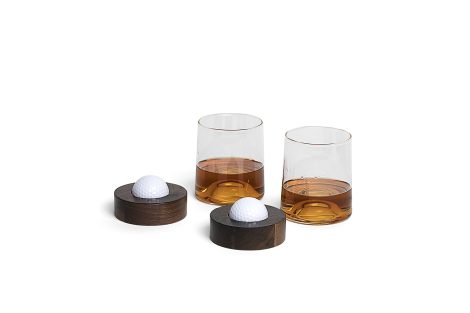 Golf-themed drinkware set including whiskey glasses and coasters with genuine golf ball; Perfect golf lover’s gift.