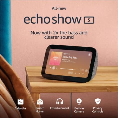 New Echo Show 5 (3rd Gen, 2023) | Enhanced smart display, double bass, crystal-clear sound | Charcoal.