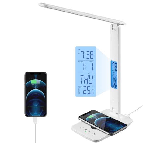 poukaran White LED Desk Lamp: Includes Wireless Charger, USB Port, Clock, Alarm, Date, and Temperature. Ideal for Home Office.