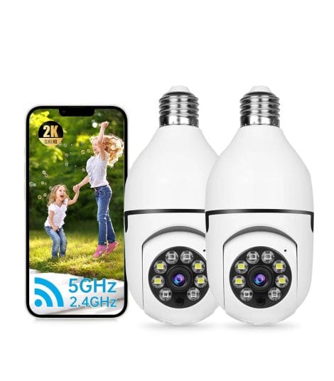 Outdoor security cameras with 2K resolution, Wi-Fi, 360° motion detection, night vision, and siren alarm.