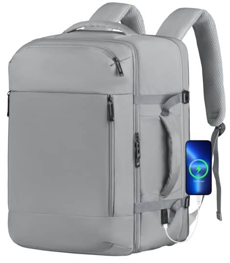 Gray TOTWO Travel Backpack: Spacious, waterproof, and with a USB port to fit 17-inch laptops. Perfect for American men on the go!