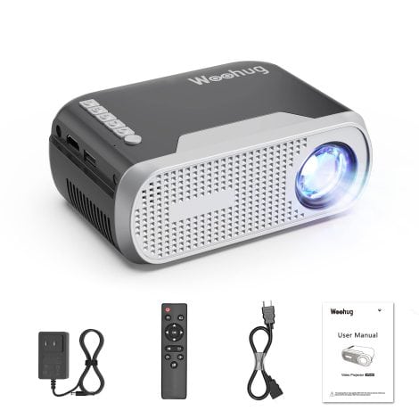 Small and portable Woohug Mini Projector for iPhone, perfect for outdoor movie nights and home theater. Supports Full HD 1080P with HDMI and USB compatibility.