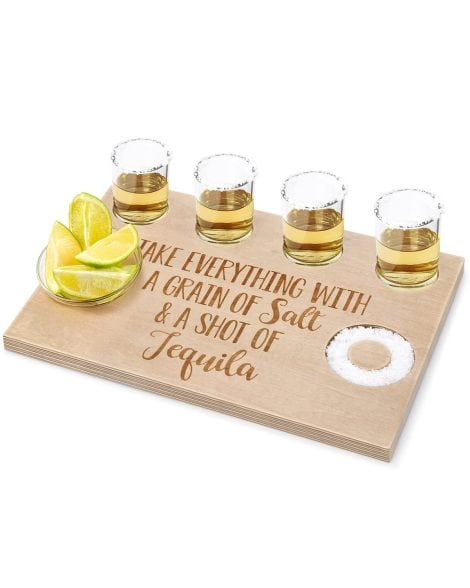 Wooden Tequila Shot Tray with Salt Rim Holder – Perfect Bar Accessory for Parties and Gifts.