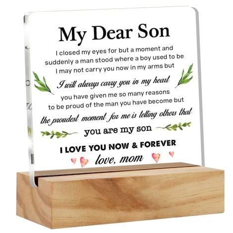 Son’s Keepsake Desk Plaque: Bifez’s Gift From Mom – Cherished memento for Son’s desk, with wood stand.