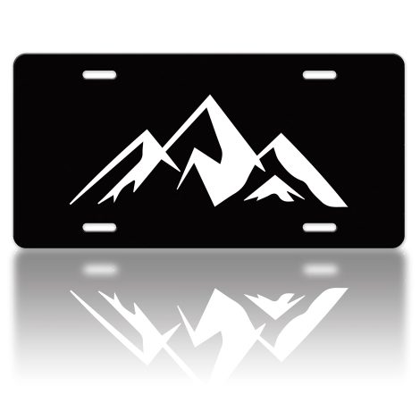 Black and white mountain themed license plate cover for standard US and Canadian car plates. A fun car accessory gift.