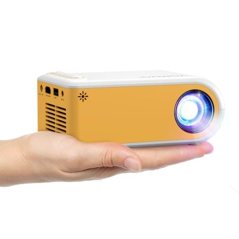 Small, portable movie projector perfect for outdoor use, camping, and creating a video home theater. Ideal for children.