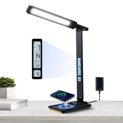 Smart LED Desk Lamp with Wireless Charger, Clock, Alarm, Date, Temperature | Night Light, Auto Timer. Perfect for Home Office, College, Dorm.