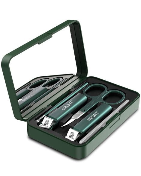 Elegant 5-in-1 Grooming Set: Includes Nail File, Ear Pick, Hair Scissors, Mirror, and Storage Box. Perfect Manicure and Pedicure Kit.