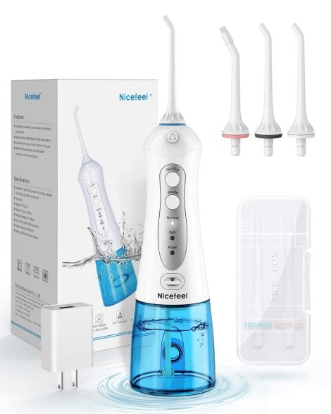 Portable and rechargeable cordless water flosser for clean teeth and fresh breath, perfect for travel.