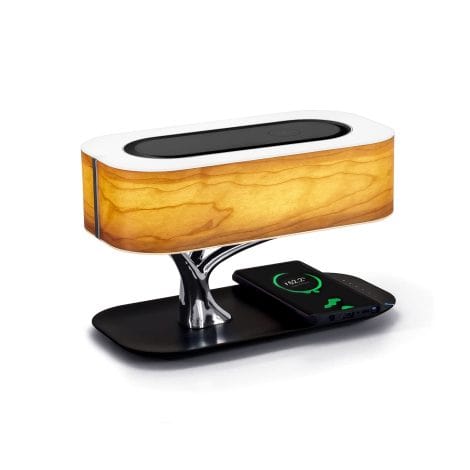 AMPULLA Masdio: The ultimate bedside lamp with Bluetooth speaker, wireless charger, sleep mode, and dimming.