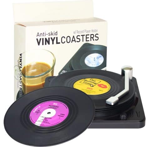 DuoMuo Vintage Vinyl Record Coasters & Holder – Fun Set with 6 Sayings – Perfect Gift for Music Lovers!