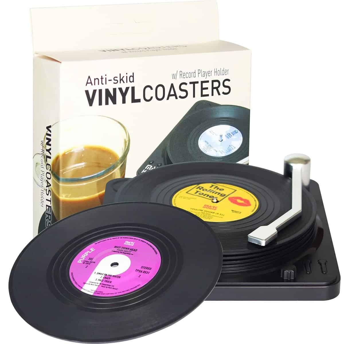 DuoMuo Funny Retro Vinyl Record Coasters for Drinks with Vinyl Record Player Holder for Music Lovers,Set of 6 Conversation Piece Sayings Drink Coaster,Wedding Registry Gift Ideas,Housewarming Hostess Gifts