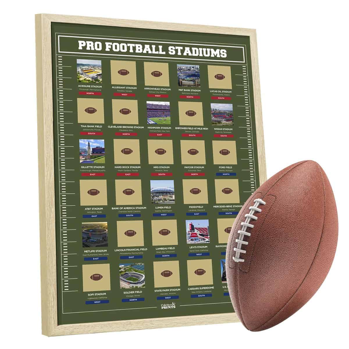 Framed Football Stadiums Scratch Off Poster - Football Stadiums Scratch Off Map - Track Your Football Journey - Football Posters - Ultimate Gift for Football Fans & Dads - All 30 Pro Football Stadiums