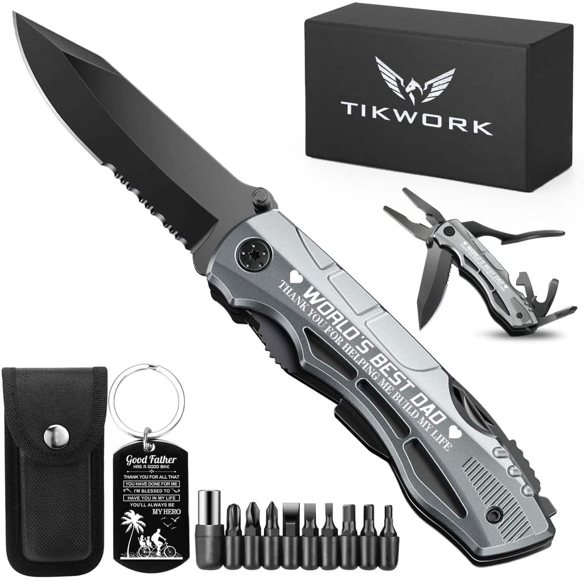 TIKWORK Gifts for Dad from Daughter Son,Multitool Pocket Knife "WORLD'S BEST DAD " Fathers Day Christmas Birthday Gifts,Survival Tools for Climbing,Camping,Cycling,Hiking