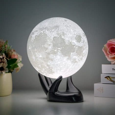 Black Hand Stand Moon Lamp: Realistic 3D printed moonlight with 16 colors, remote/touch control, and USB rechargeability. Perfect room decor, gifts for anyone.