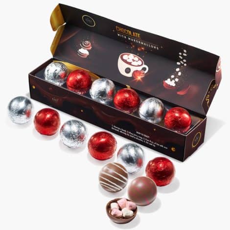 Kiri & Sons’ Hot Chocolate Bomb Set: 6 Cocoa Melts with Marshmallows in White & Red Swirl, Caramel & Fudge Brownie Flavor. Perfect Gift!