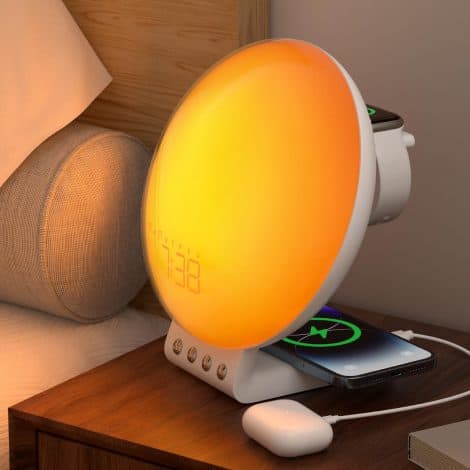 Dekala Sunrise Alarm Clock: Charge iPhone/Apple Watch/AirPods, White Noise Machine & Dual Alarm Lamp. Easy control.