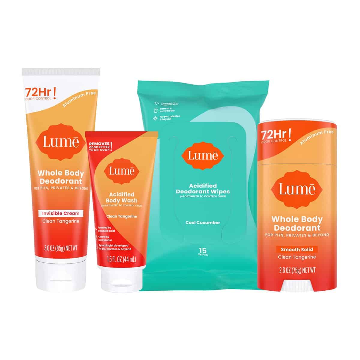 Lume Whole Body Deodorant Starter Pack - Smooth Solid Stick, Invisible Cream Tube, Acidified Body Wash Mini & Deodorant Wipes - Aluminum & Baking Soda Free Odor Control, Skin Loving (Clean Tangerine)