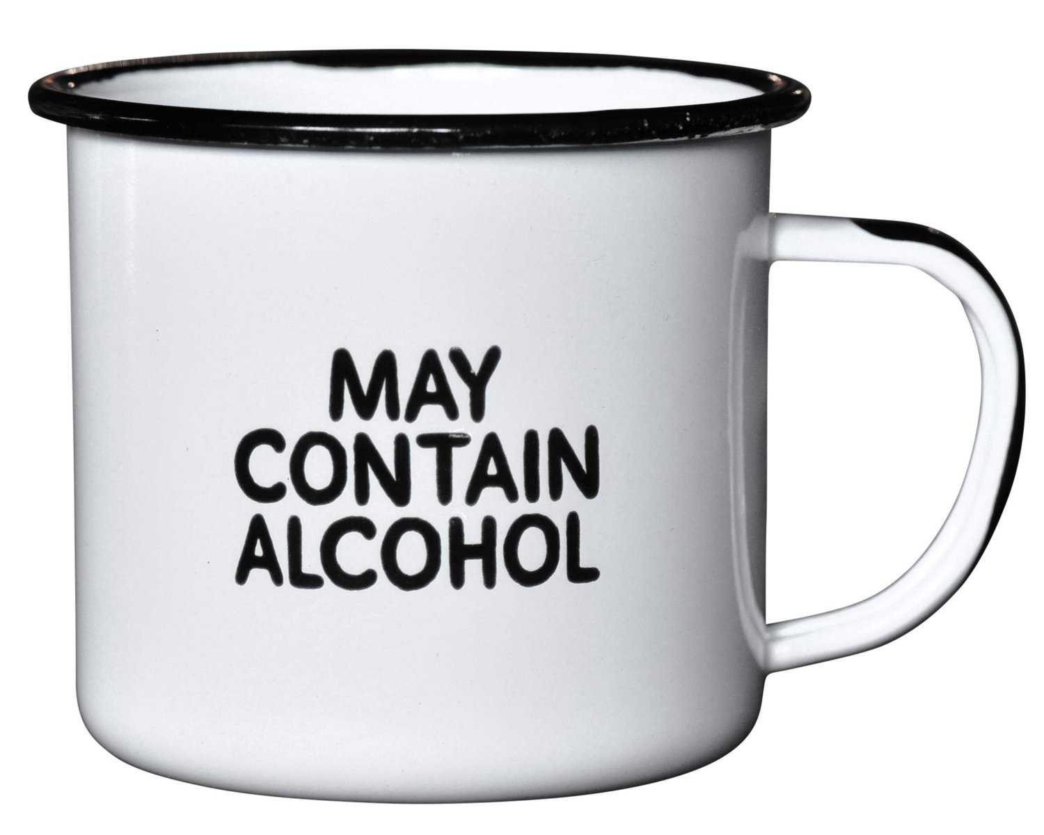 MAY CONTAIN ALCOHOL | Enamel"Coffee" Mug | Sarcastic Gift for Vodka, Gin, Bourbon, Wine and Beer Lovers | Great Office or Camping Cup for Dads, Moms, Campers, Tailgaters, Drinkers, and Travelers