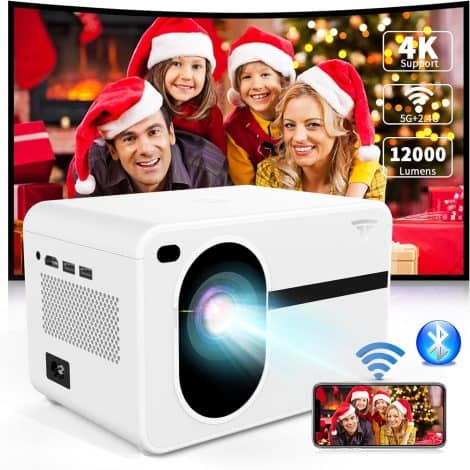 WiFi and Bluetooth-enabled Wielio Native 1080P 12000L Outdoor Portable Mini Video Movie Projector. Supports iOS/Android/TV Stick/HDMI/USB/AV for Home Theater.