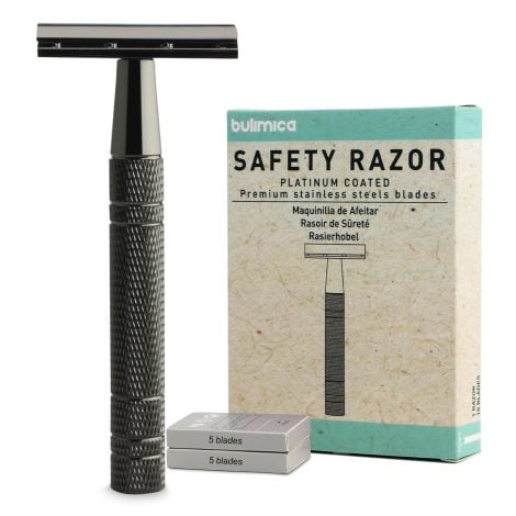 Men’s Classic Gun Black Safety Razor Set with 10 Platinum Coated Blades, for Smooth, Reusable Shaving.