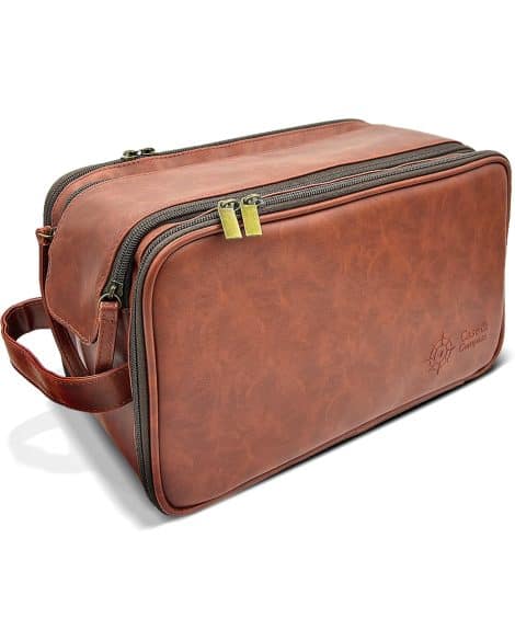 Large travel toiletry bag for men or women, made of water-resistant vegan leather, with case and compass design.