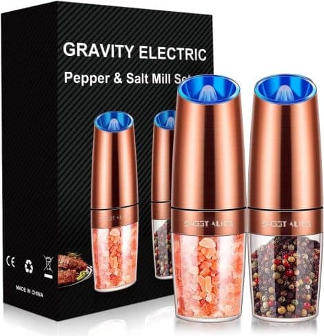 Electric Salt and Pepper Grinders, Adjustable Coarseness, LED Light, Easy One-Handed Use, Stainless Copper, 2 Pack