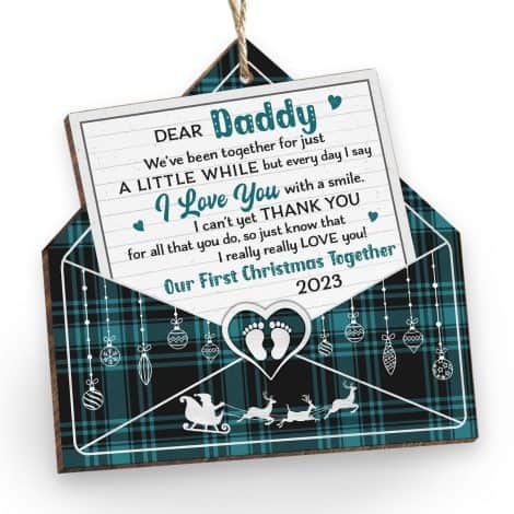 Wooden Christmas ornament for new fathers, the perfect gift from wife to commemorate their first Christmas as a dad.