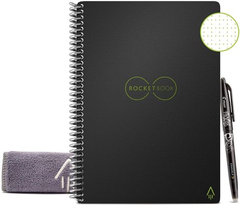 Rocketbook Core is a smart, eco-friendly notebook with cloud sharing. It comes in black, with pen, cloth, and app.