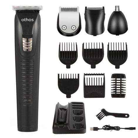 Versatile Electric Grooming Kit – Trims hair, beard, mustache, face, nose, body, ears. USB rechargeable, cordless stand.