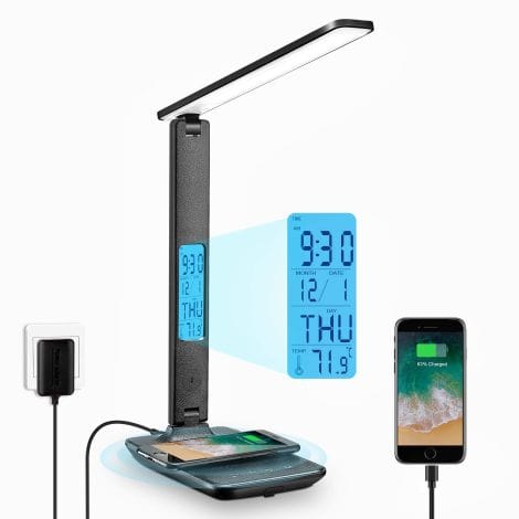 LAOPAO LED Desk Lamp – Wireless Charger, USB Port, Adjustable & Foldable, Clock, Alarm, Date, Temp, 5-Level Dimmable, Office Lamp