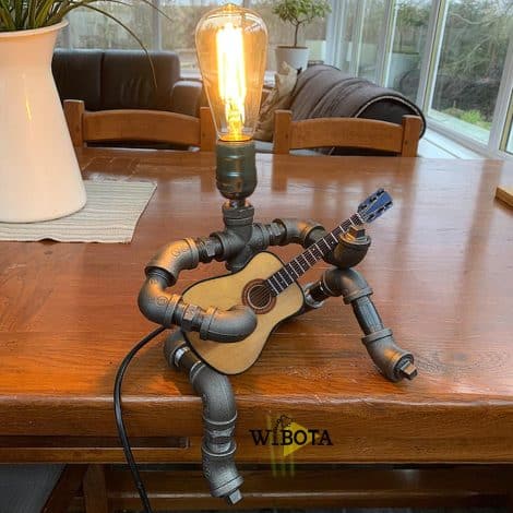 Wibota Guitar Table Lamp: Retro Steampunk Music Gift for Guitar Lovers, with Robot Pipe Art.