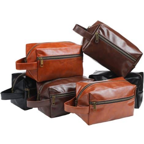 Brown, black, and coffee leather travel bag set – perfect groomsmen or Christmas gift with water-resistant toiletry case.