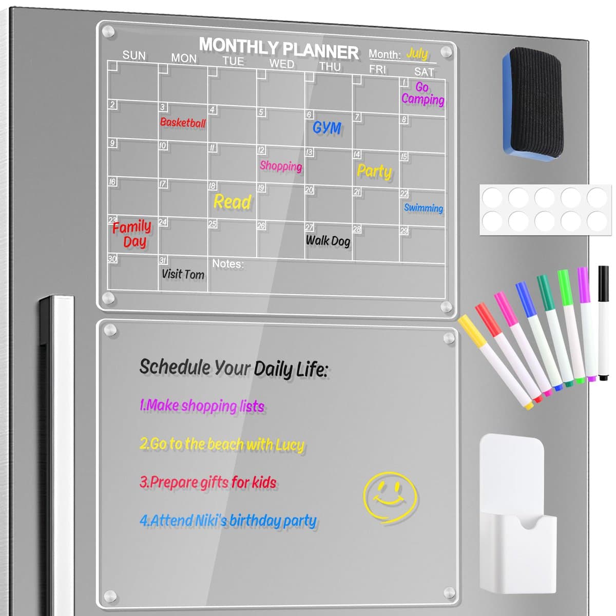 Jibeufi Acrylic Magnetic Calendar for Fridge, 16"x12" Reusable Clear 2 Set Dry Erase Calendar Board for Refrigerator Monthly and Memo Whiteboard Calendar Planner