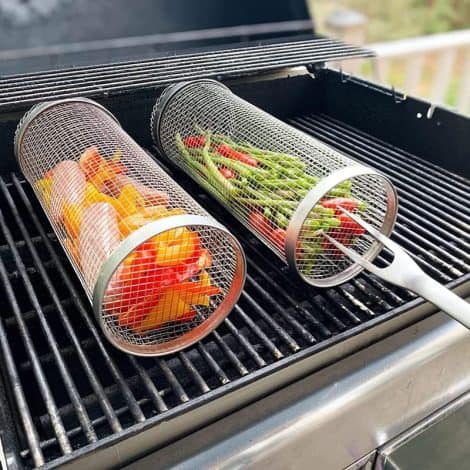 Daioloes Grill Tube Set: Roll your BBQ with a 12-inch non-stick basket, rotisserie, and 2 BBQ forks. Perfect gift for men and dads.