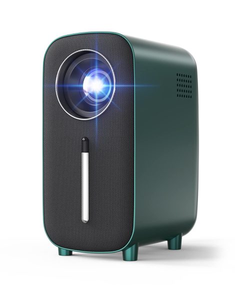 Compact Bluetooth HISION projector with 1080P and 4K capabilities, suitable for home and outdoor use.