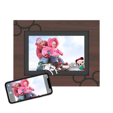 Disney Mickey Mouse Smart Digital Picture Frame, share photos from your phone to frame, Wi-Fi enabled, 8 GB storage, holds 5,000+ pictures, HD touchscreen, premium espresso wood finish.