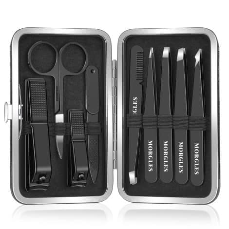 MORGLES 9PCS Tweezers and Nail Clippers Set, Perfect for Men – High-quality stainless steel, leather travel case included.