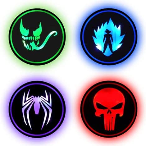 Dreamcontroller’s USB Rechargeable LED Gaming Coasters: Illuminate your gamer room with these stylish anime-themed coasters. Ideal nerd décor and gift.