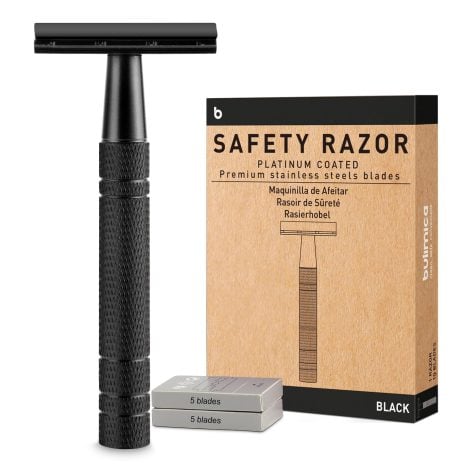 Sleek Black Safety Razor for Men & Women, with 10 Platinum Coated Blades, Ideal for Travel.