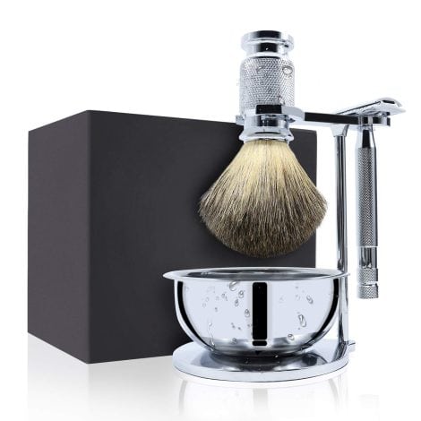 Jolitac Men’s Wet Shaving Set – Includes Badger Hair Brush, Stand, Steel Bowl, Double Edge Razor. Ideal Gift!