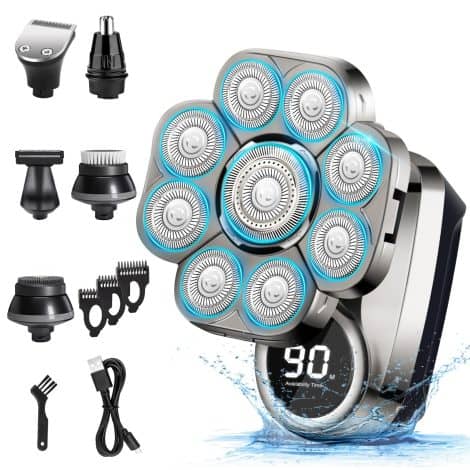 Men’s Bald Head Shaver: Waterproof, LED Screen, 6-in-1 Grooming Kit with Wet/Dry Shaving. Perfect gift for bald guys.